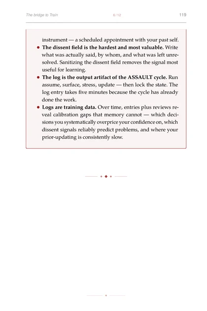 The Red Team Founder, printed page: instrument — a scheduled appointment with your past self.