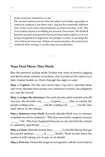 The Scale-Up Operator, printed page: Step 1: Capture. For the next seven days, log every calendar block
