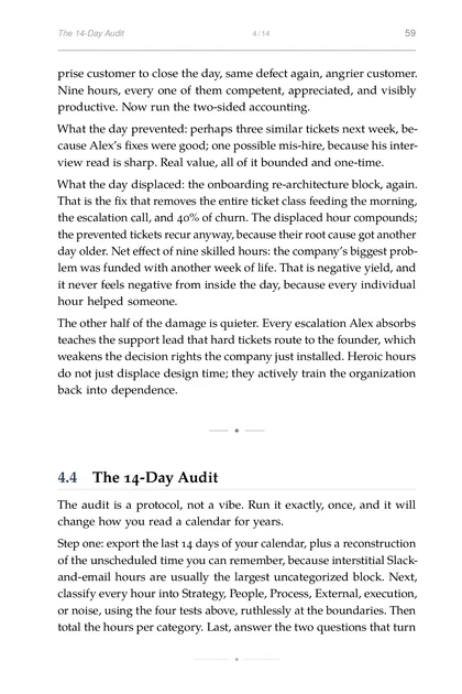 The Scale-Up Operator, printed page: Step one: export the last 14 days of your calendar, plus a reconstruction
