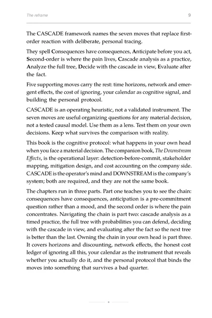 The Second-Order Thinker, printed page: CASCADE is the operator’s mind and DOWNSTREAM is the company’s
