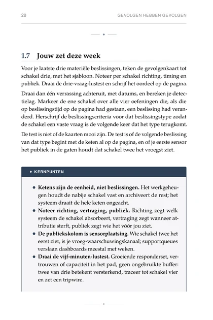 De Tweede-Orde-Denker, gedrukte pagina: Noteer richting, vertraging, publiek. Richting zegt welk