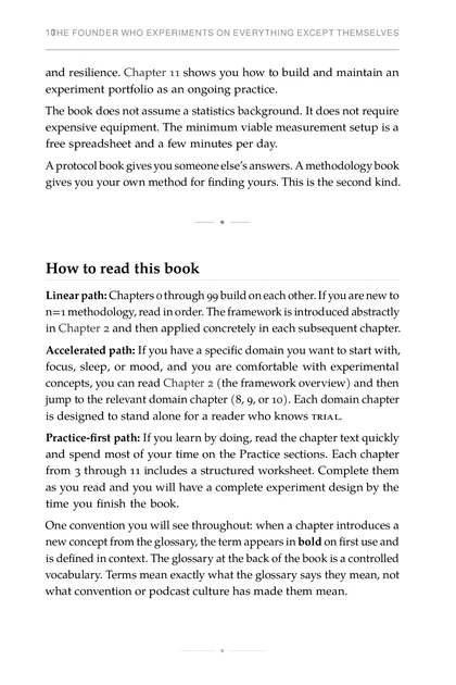 The Experimental Founder, printed page: Practice-first path: If you learn by doing, read the chapter text quickly