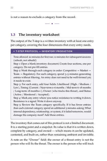 The Simulation Table, printed page: Step 1: Open a blank inventory document. Create four sections, one per
