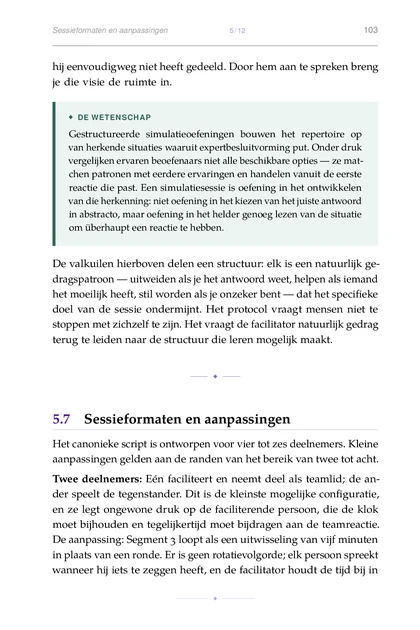 De Simulatie-Tafel, gedrukte pagina: Gestructureerde simulatieoefeningen bouwen het repertoire op
