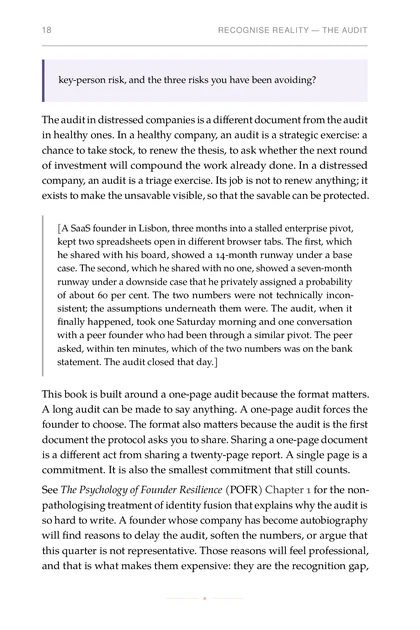 The Turnaround Protocol, printed page: A long audit can be made to say anything. A one-page audit forces