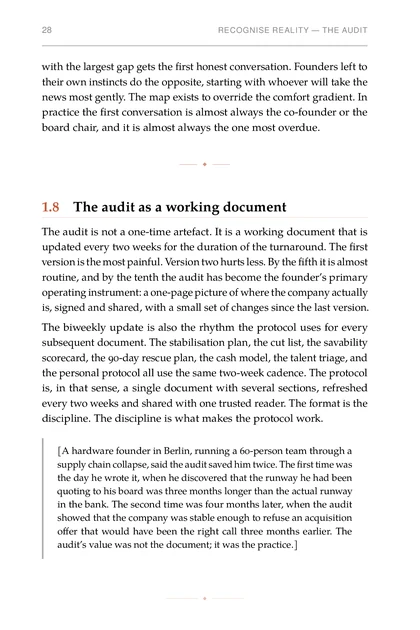 The Turnaround Protocol, printed page: practice the first conversation is almost always the co-founder
