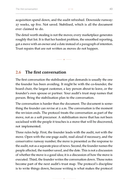 The Turnaround Protocol, printed page: The conversation is harder than the document. The document is some-