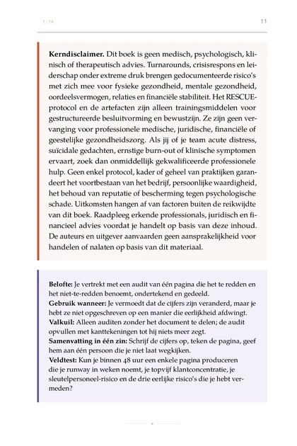 Het Turnaroundprotocol, gedrukte pagina: Kerndisclaimer. Dit boek is geen medisch, psychologisch, kli-