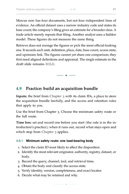 The Verified Research Loop, printed page: Practice: build an acquisition bundle 4 12 87