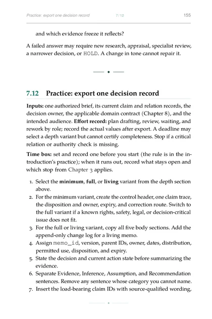 The Verified Research Loop, printed page: Practice: export one decision record 7 12 155