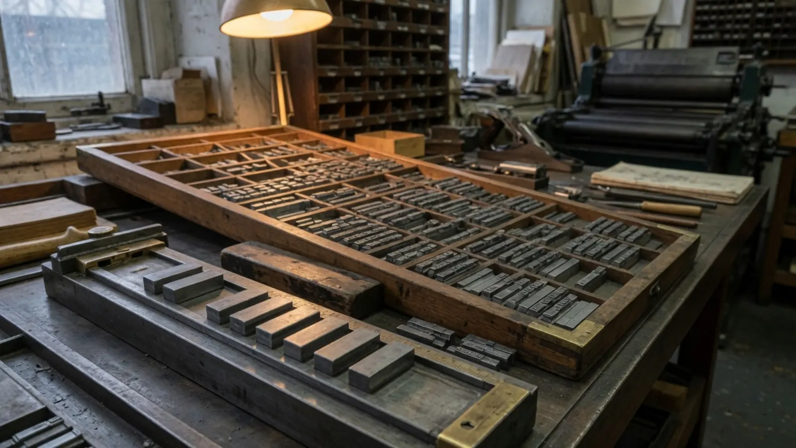 Letterpress composing stick holding a few blank metal slugs, a full wooden type case behind it in a print shop