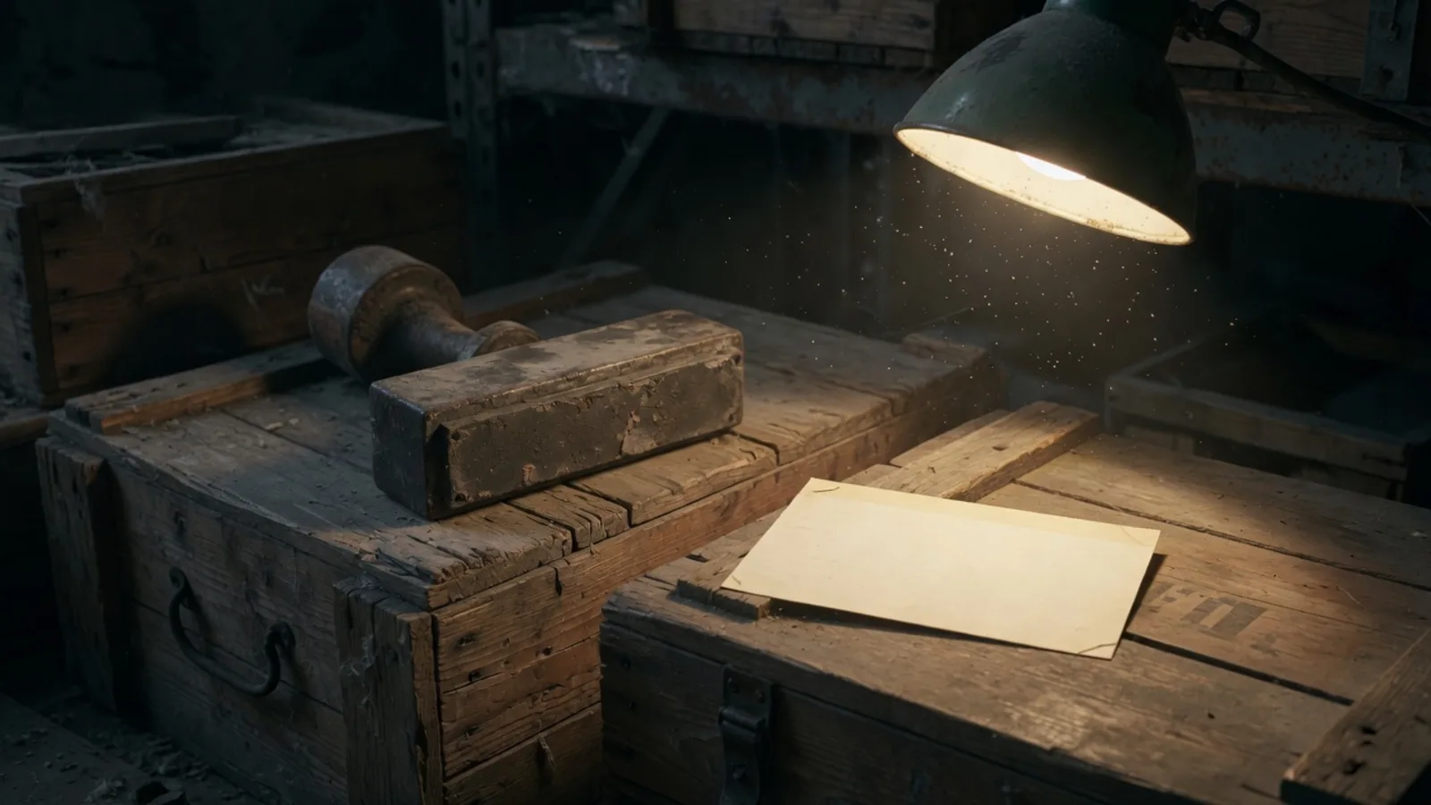 Abandoned customs stamp on a closed crate in shadow, a single index card under a desk lamp in the light