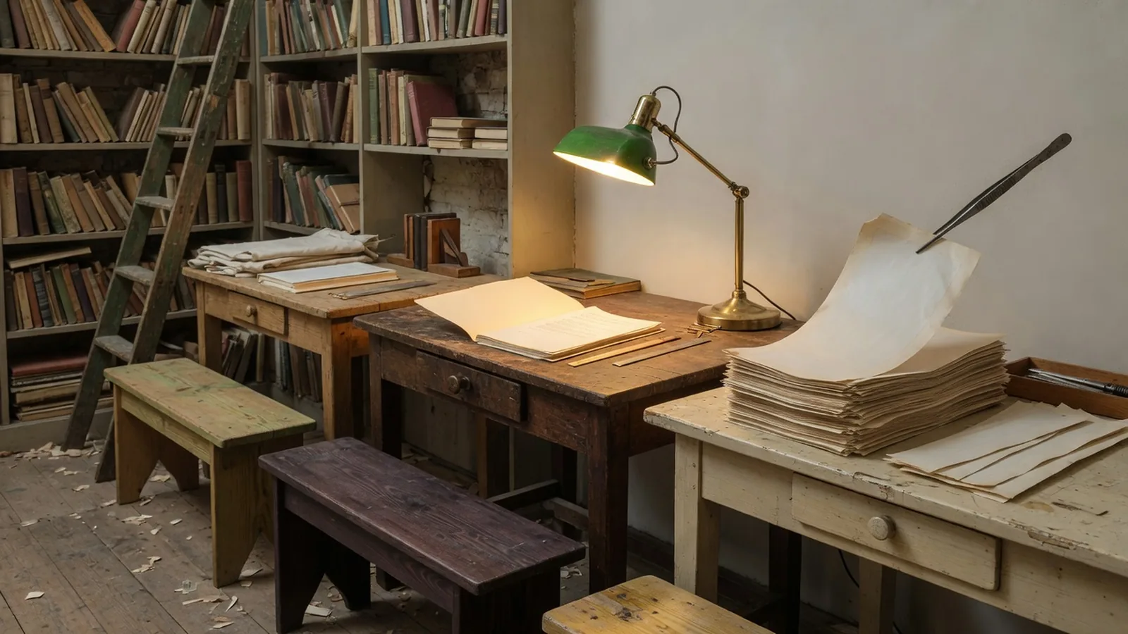 Three separate workstations in one shop: a ranking ladder against a wall, a library retrieval desk, tweezers lifting one newspaper strip