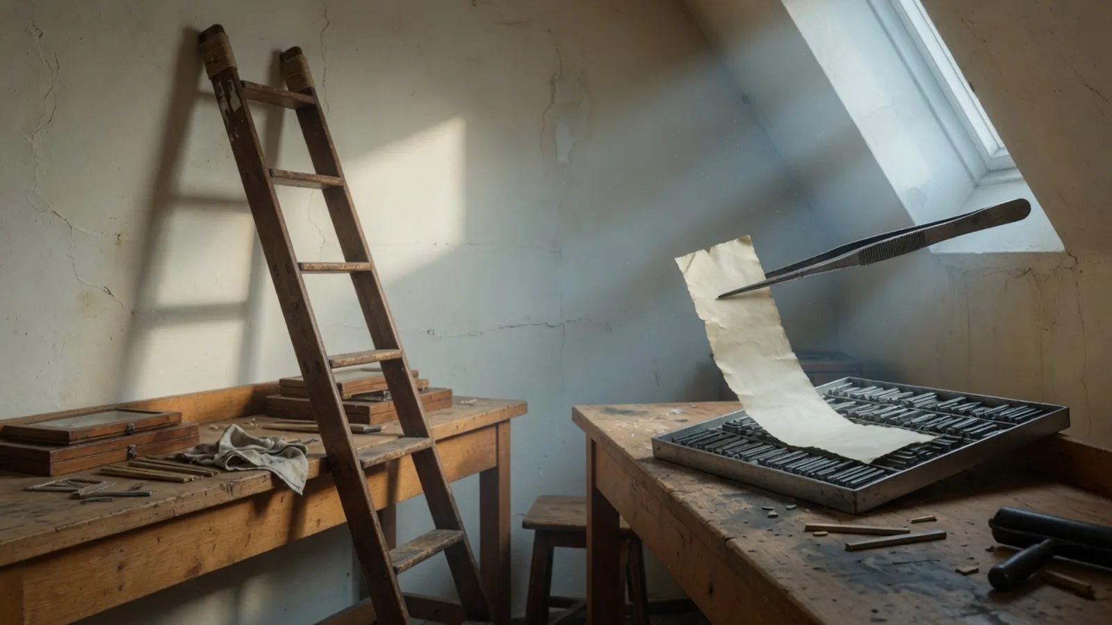 Twee werkbanken in een drukkerij: een houten rankingladder tegen de muur, een pincet dat één krantenstrook optilt