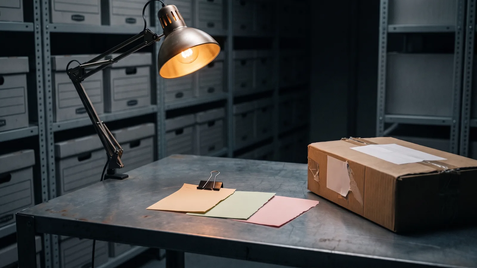 Drie afgestempelde papieren strookjes aan elkaar geklemd op een stalen archieftafel onder één werklamp, met ernaast een kartonnen pakket met een bijpassend gescheurd etiket