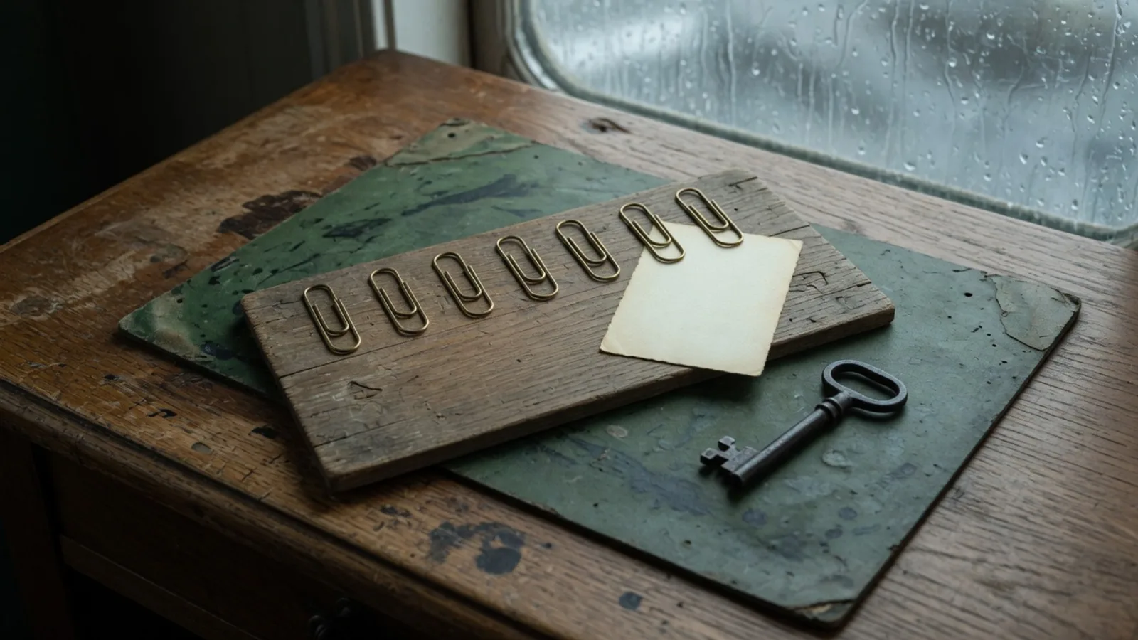 Ship's articles desk, seven empty brass clips on a wooden board, one clip holding a blank card, a key lying unused