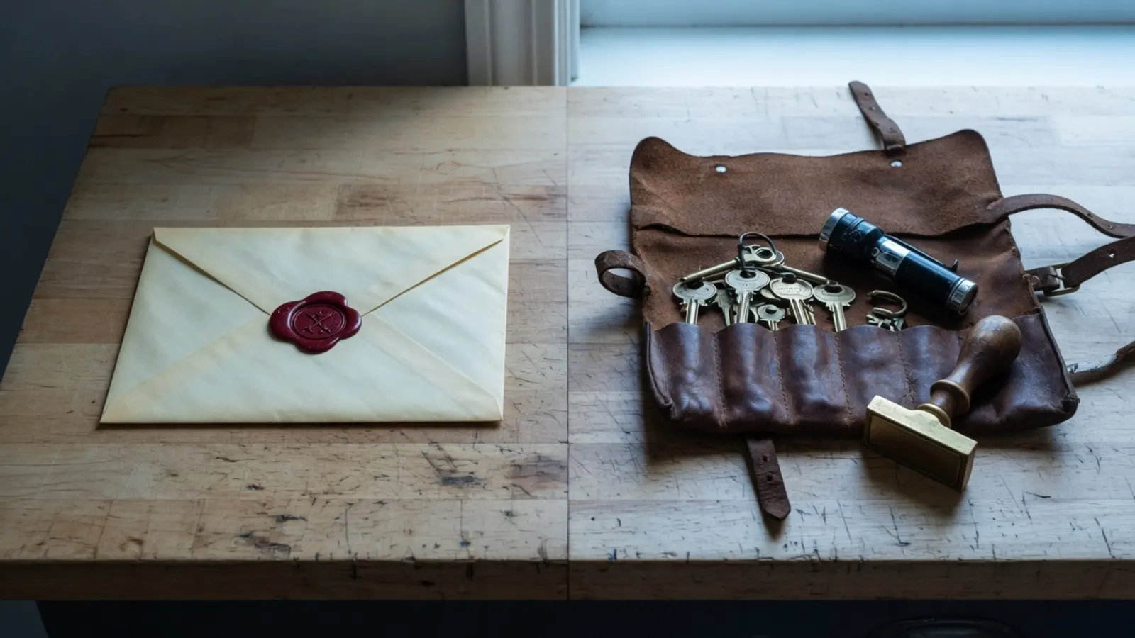 Verzegelde crèmekleurige envelop links op een slagersblok, uitgerolde leren gereedschapsrol met sleutels, zaklamp en stempel rechts