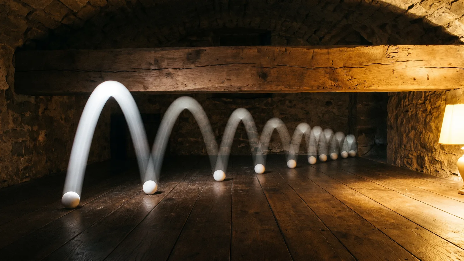 Multiple-exposure photograph of a white ball bouncing across a dark oak floor, every arc staying under one low wooden ceiling beam