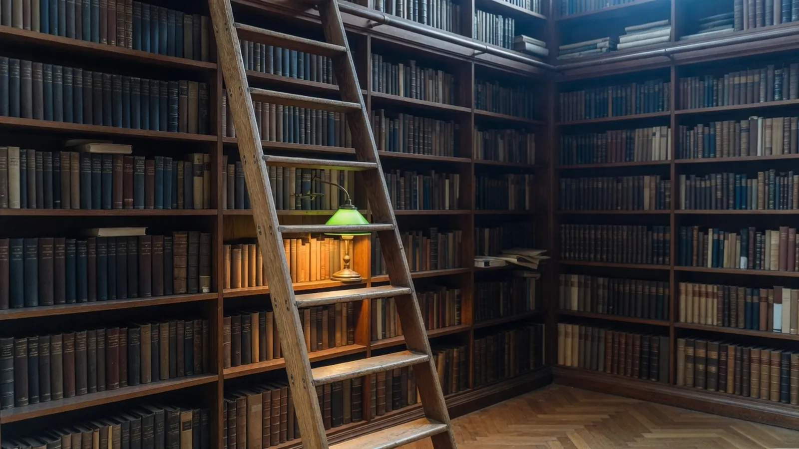 Een hoge houten bibliotheekladder leunt tegen kamerhoge kasten vol oude gebonden boeken; halverwege brandt op een plank een kleine messing lamp met groene kap, boven een visgraatvloer, in warm amber en diepblauw licht