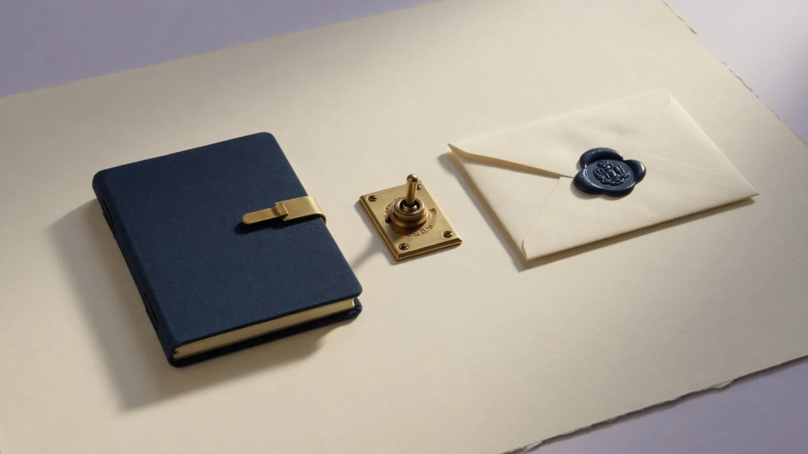 Notitieboek, koperen schakelaar en een verzegelde envelop op crèmekleurig papier