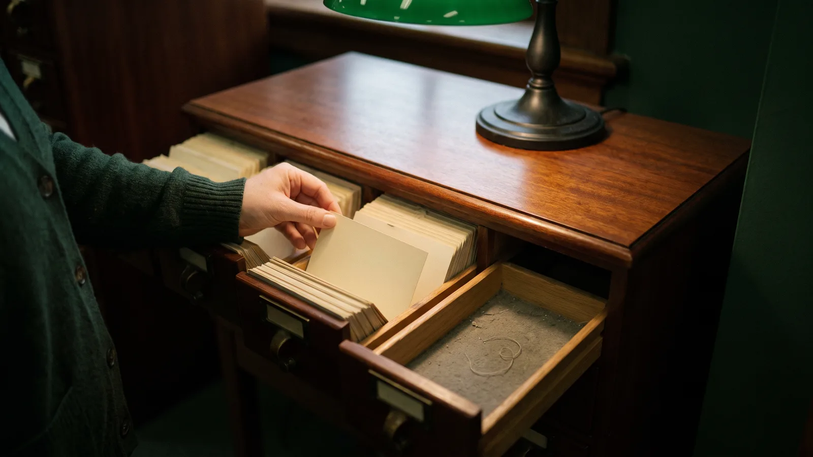 Een hand trekt een systeemkaart uit een houten catalogusla in een bibliotheek, naast een leeg, stoffig vak, onder een warme bibliotheeklamp met groene kap