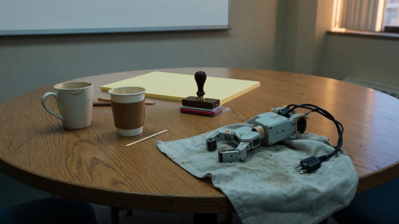 Round oak table, two used coffee cups, an unplugged small robot arm on a cloth, a shared unused rubber stamp in the centre