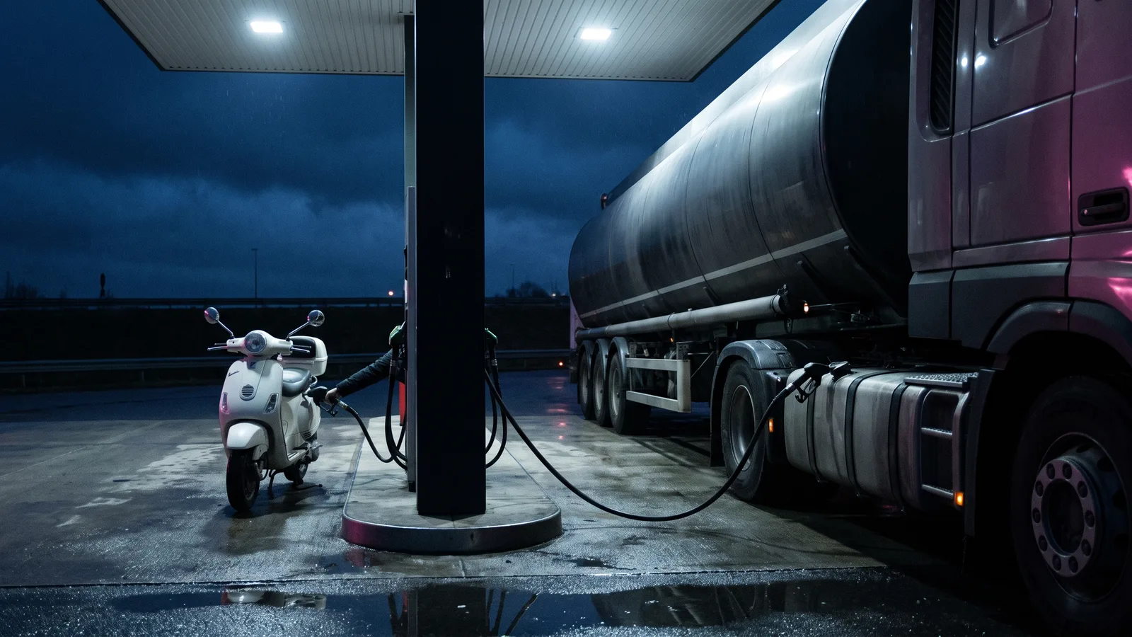 Een tankstation 's nachts: bij de ene pomp tankt een kleine scooter, bij de pomp ernaast een grote vrachtwagen, onder een wit afdak met magenta licht