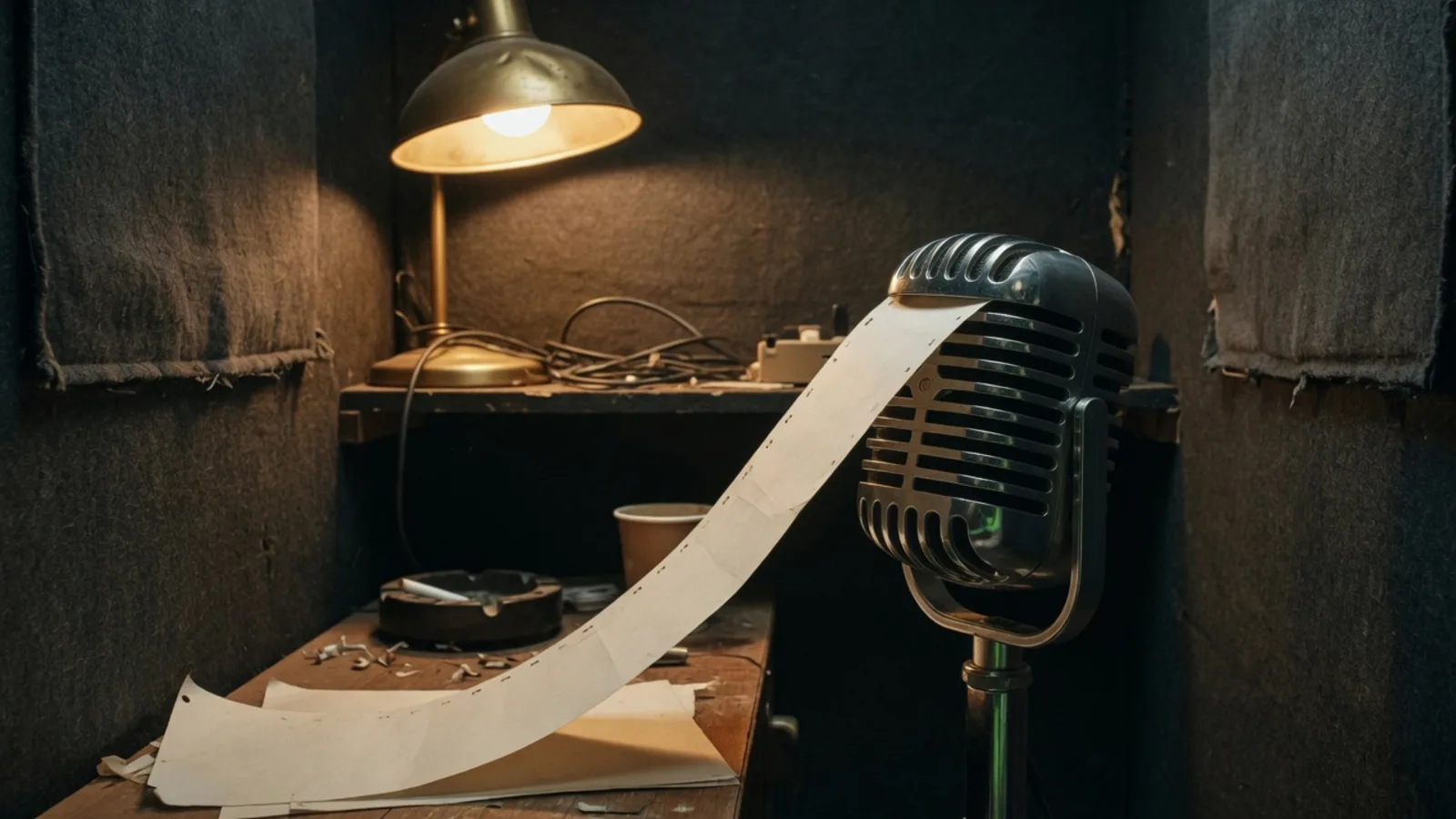Small radio booth, ribbon microphone, a paper news strip feeding toward the capsule, no dials readable