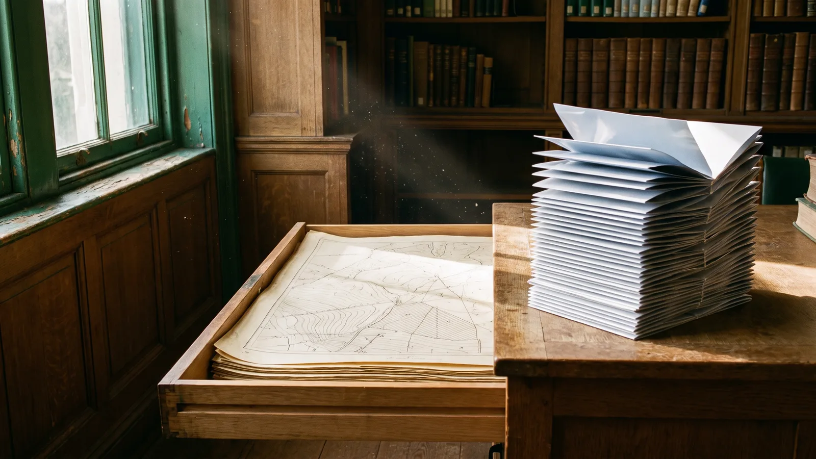 A quiet library map room with one wide drawer of original survey sheets pulled open beside a tall stack of glossy brochures