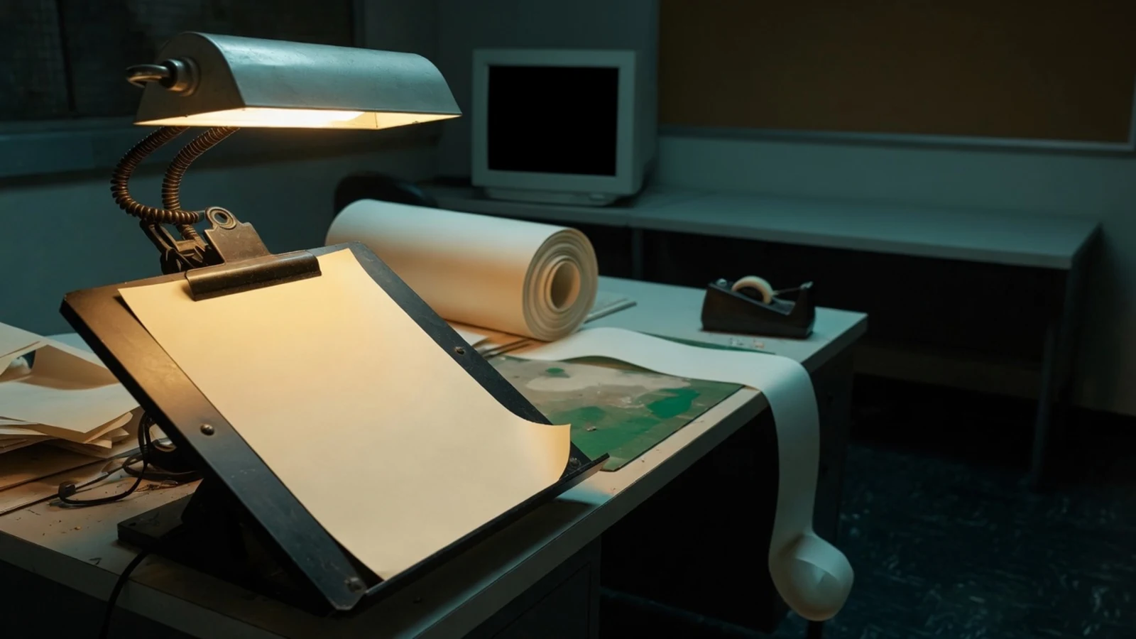 Redactietafel in het donker, één leeg vel onder de documentlamp, de rest van het papier van de tafel af