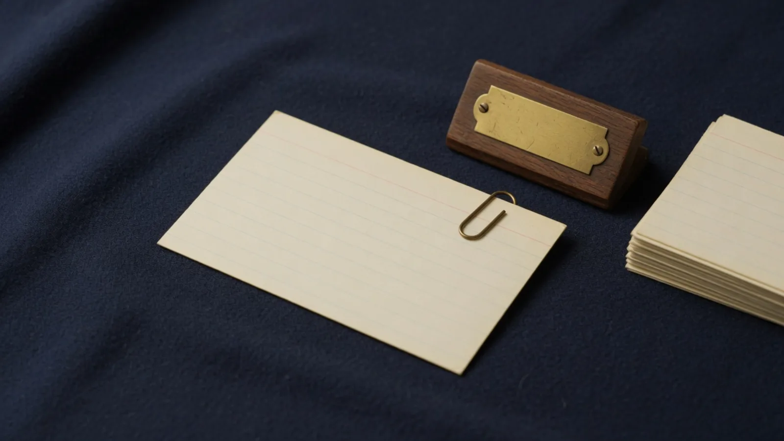 One cream index card, a brass clip, and a blank drawer label on navy cloth