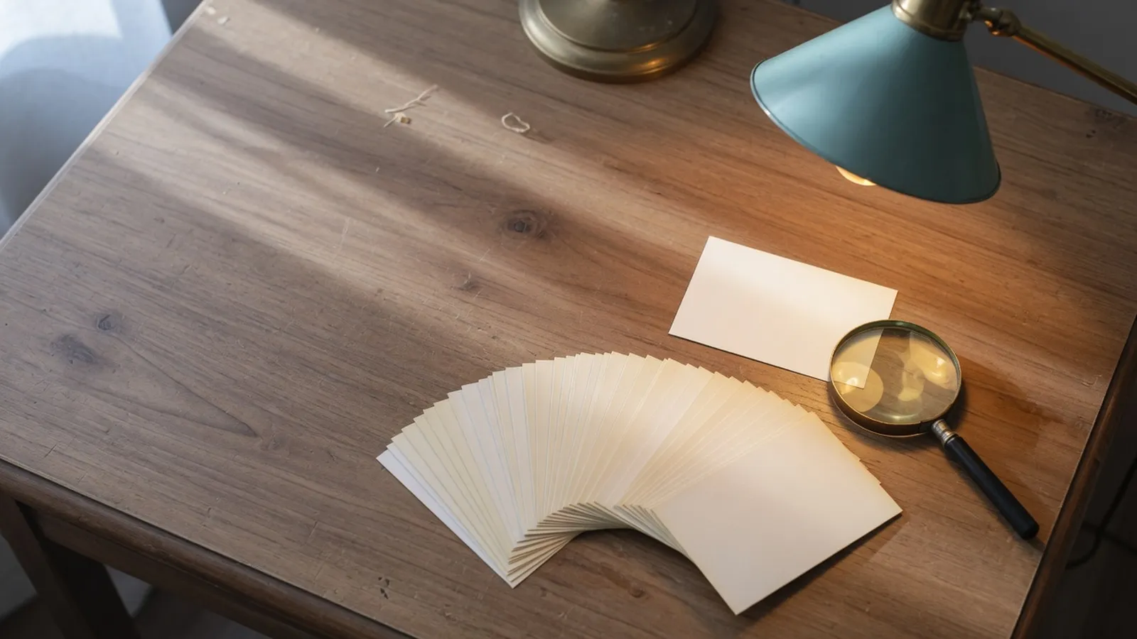 Blank cream index cards fanned across a wooden desk in soft morning light, with one card set apart beside a brass magnifying glass under a teal desk lamp