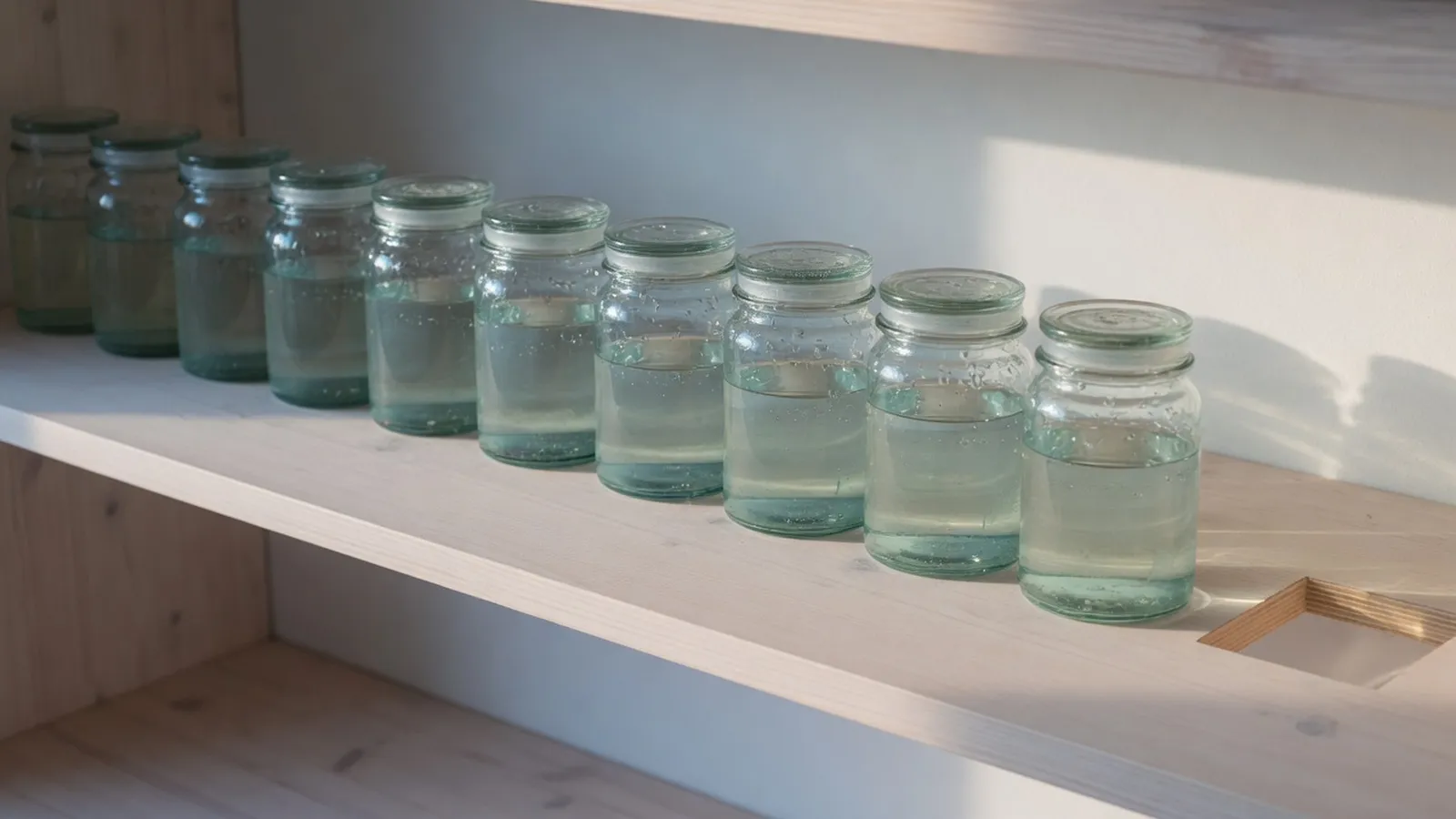 Tien identieke glazen potten met deksel staan op een rechte rij op een lichte plank van berkenhout, elk tot dezelfde hoogte gevuld met helder water. Aan het eind van de rij zit een lege vierkante uitsparing in de plank. Zacht, laag zonlicht in aquamarijntinten.