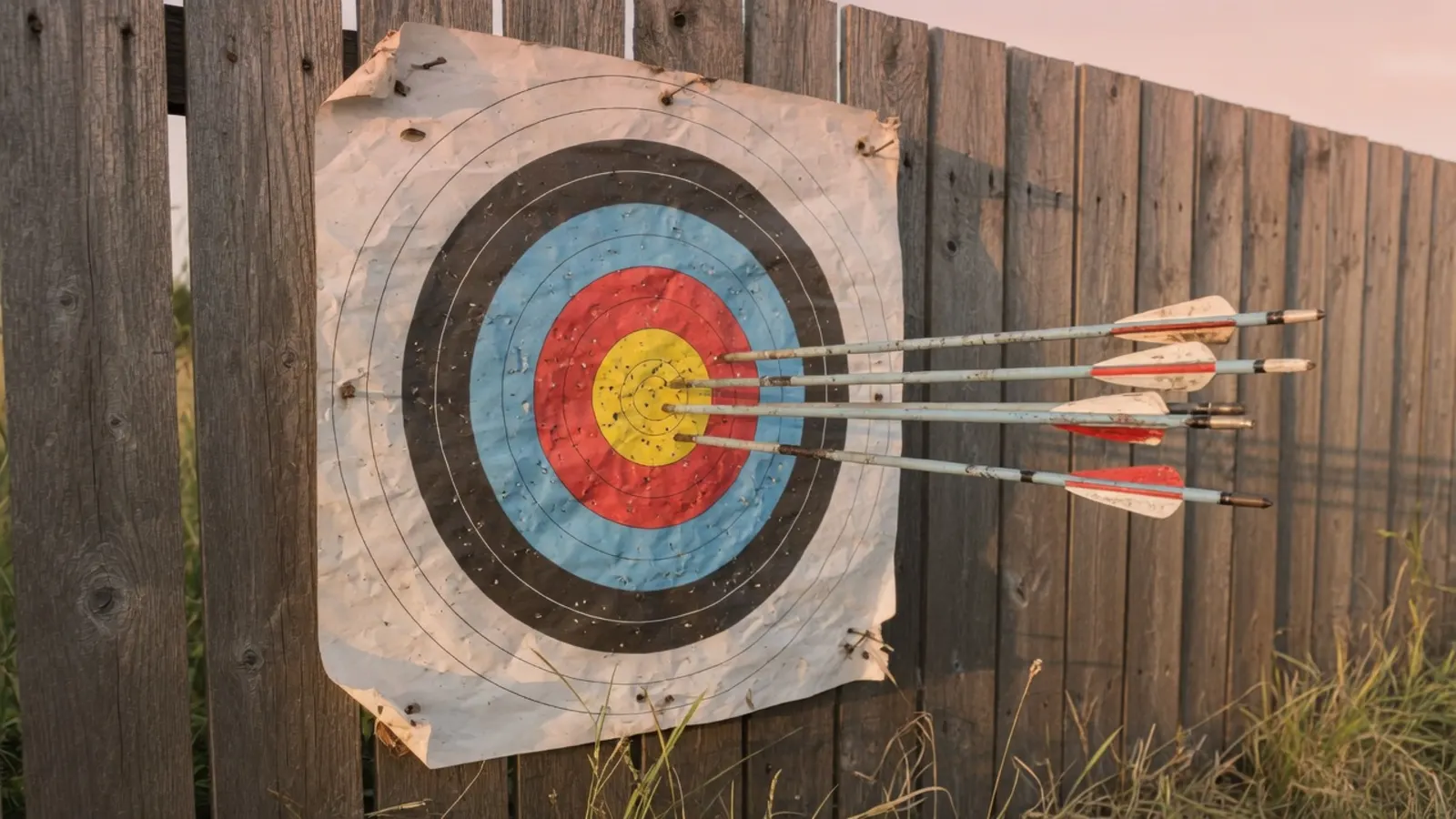 Weathered paper archery target on a wooden fence, arrows clustered in one ring