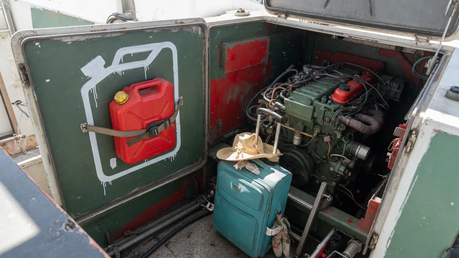 Machinekamer met een reservecanister in een geschilderd kader, ingepakte vakantiekoffer ongebruikt naast de motor