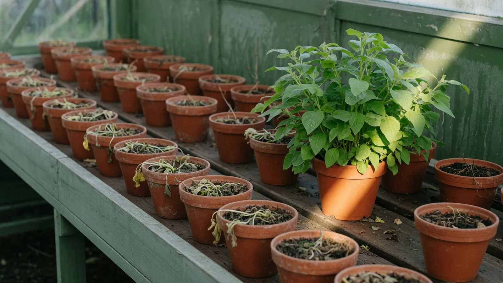 Inside a green-painted greenhouse, rows of terracotta pots on a wooden bench hold wilted seedlings; one pot holds a lush green plant in morning sun