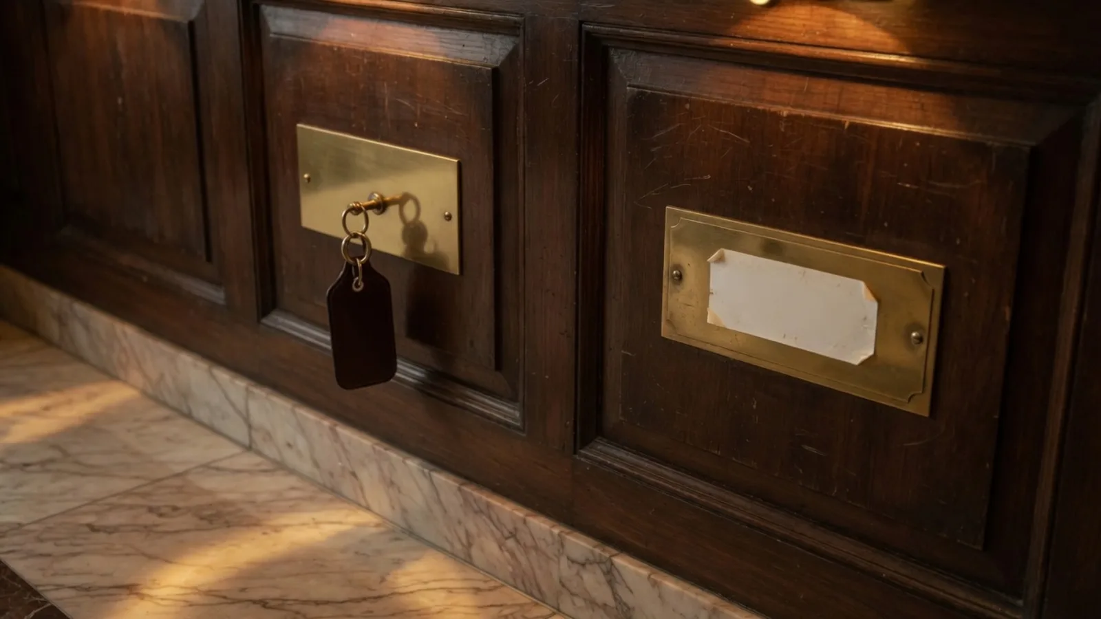 Hotel lobby wood, a leather fob hanging from a blank brass plate, a blank sticker on the neighbouring plate