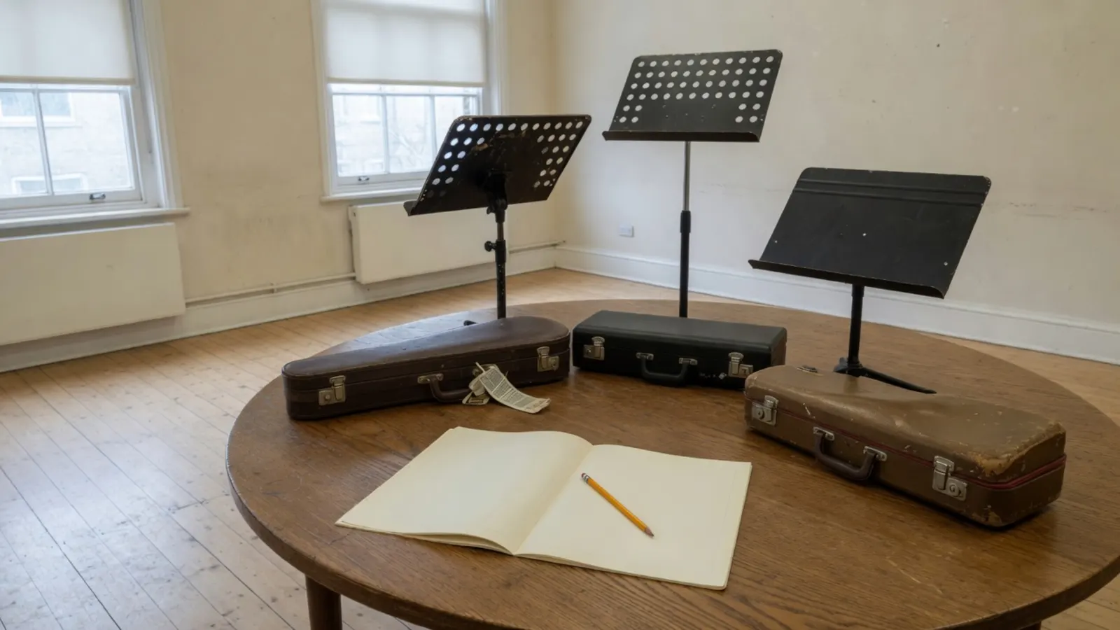 Drie muziekstandaards rond een ronde eikentafel, drie verschillende instrumentkoffers, één gedeeld blanco schrift