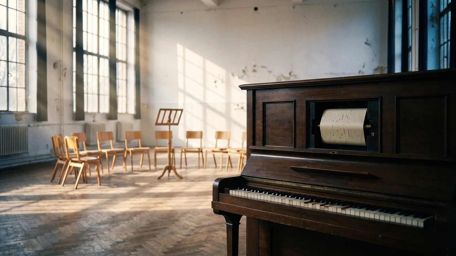Lege repetitiezaal bij zonsopgang: op de voorgrond een zelfspelende piano met een geperforeerde papierrol, daarachter een halve cirkel lege houten stoelen