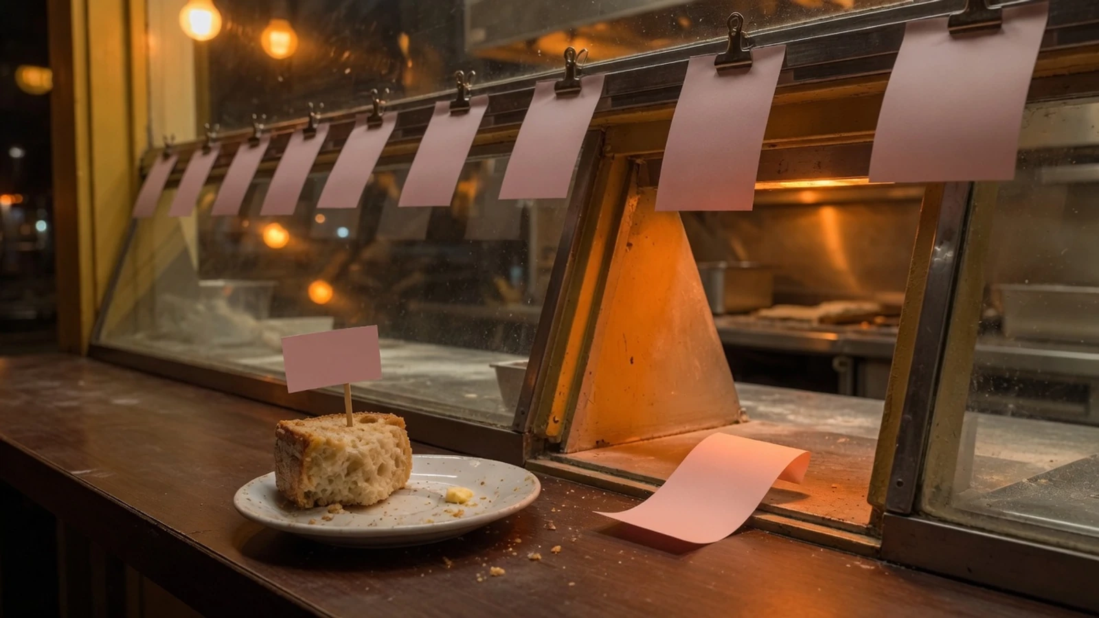Night bakery pass-through, a complimentary piece of bread on a plate, blank tickets on a rail, one ticket returned face down