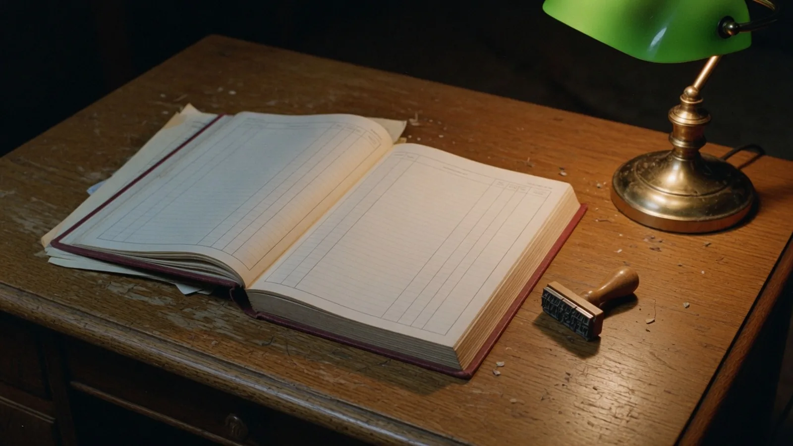 An open ledger with blank ruled columns on a worn oak desk at night, a green-shaded brass lamp and a wooden rubber stamp beside it