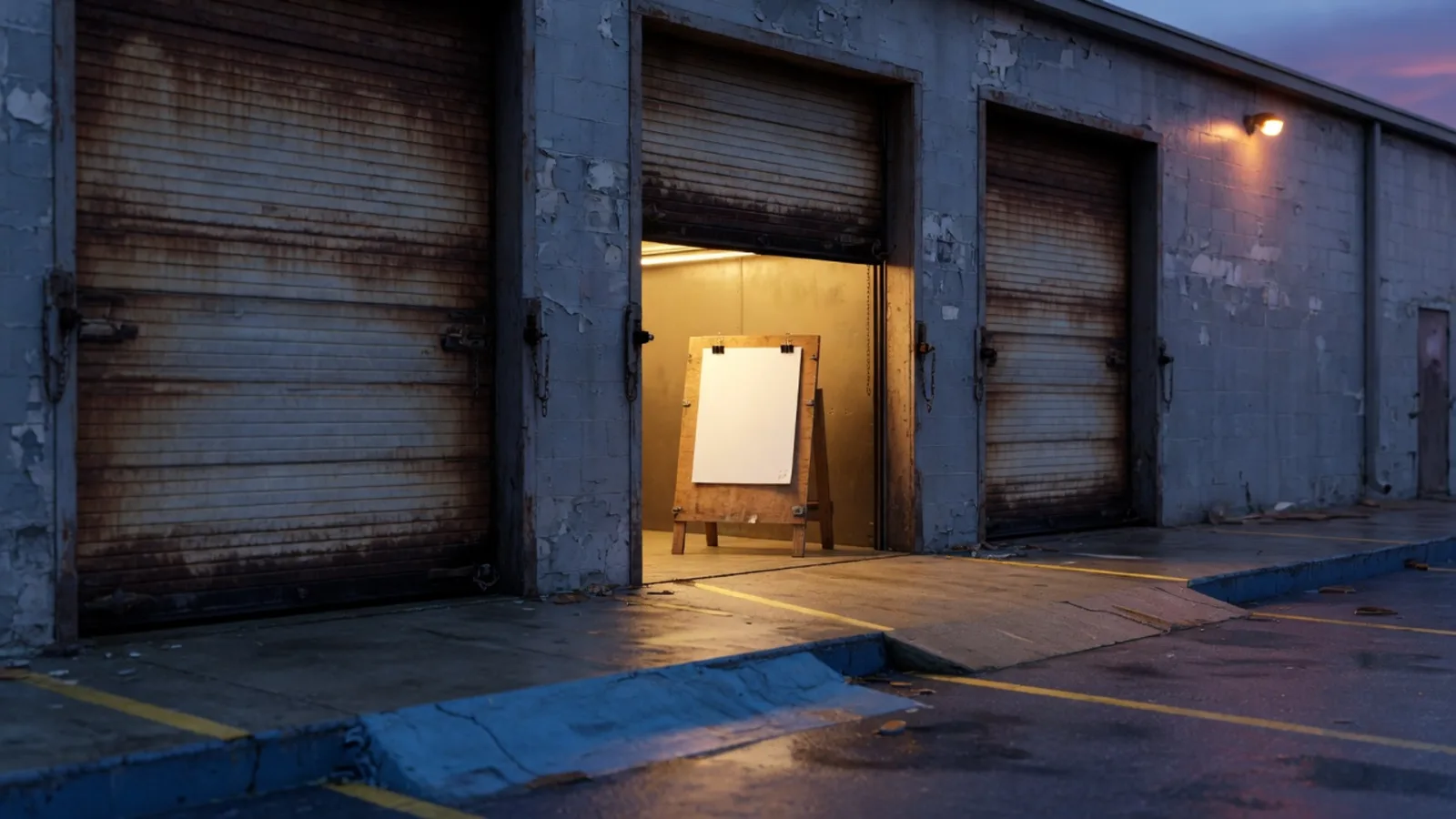 Warehouse loading dock at dusk, three steel doors in a row, only the middle door cracked onto a copy stand