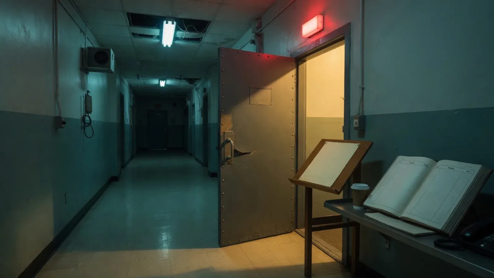 Teal radio-station corridor, steel door cracked open onto gold light, copy stand and open log