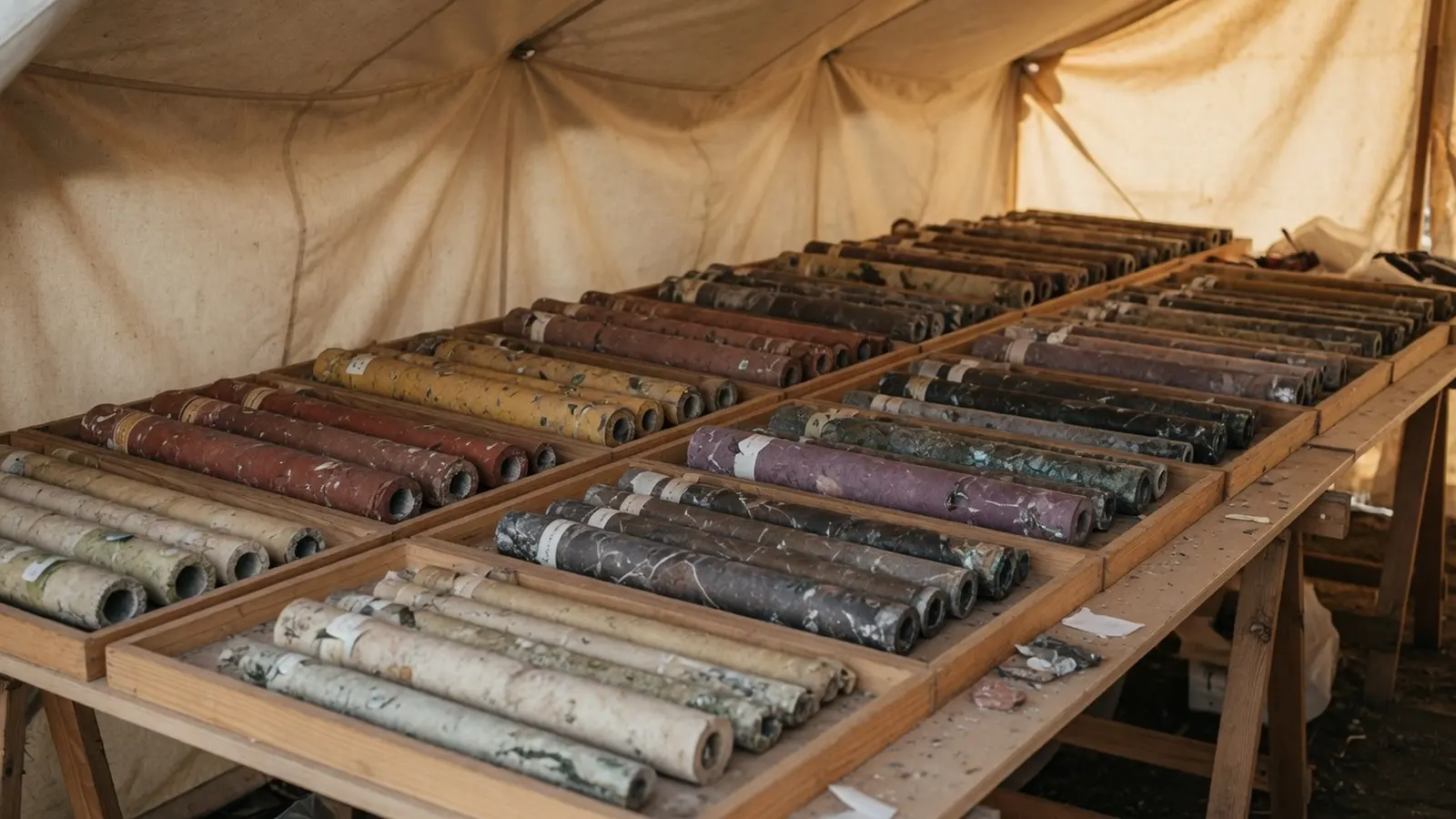 In een veldtent van zeildoek staan lange houten bakken op schragen, vol rijen cilindrische boorkernen; elke bak heeft een eigen steenkleur, van roestbruin en oker tot violet, lichtgrijs en donkergrijs, in warm licht dat door het doek valt