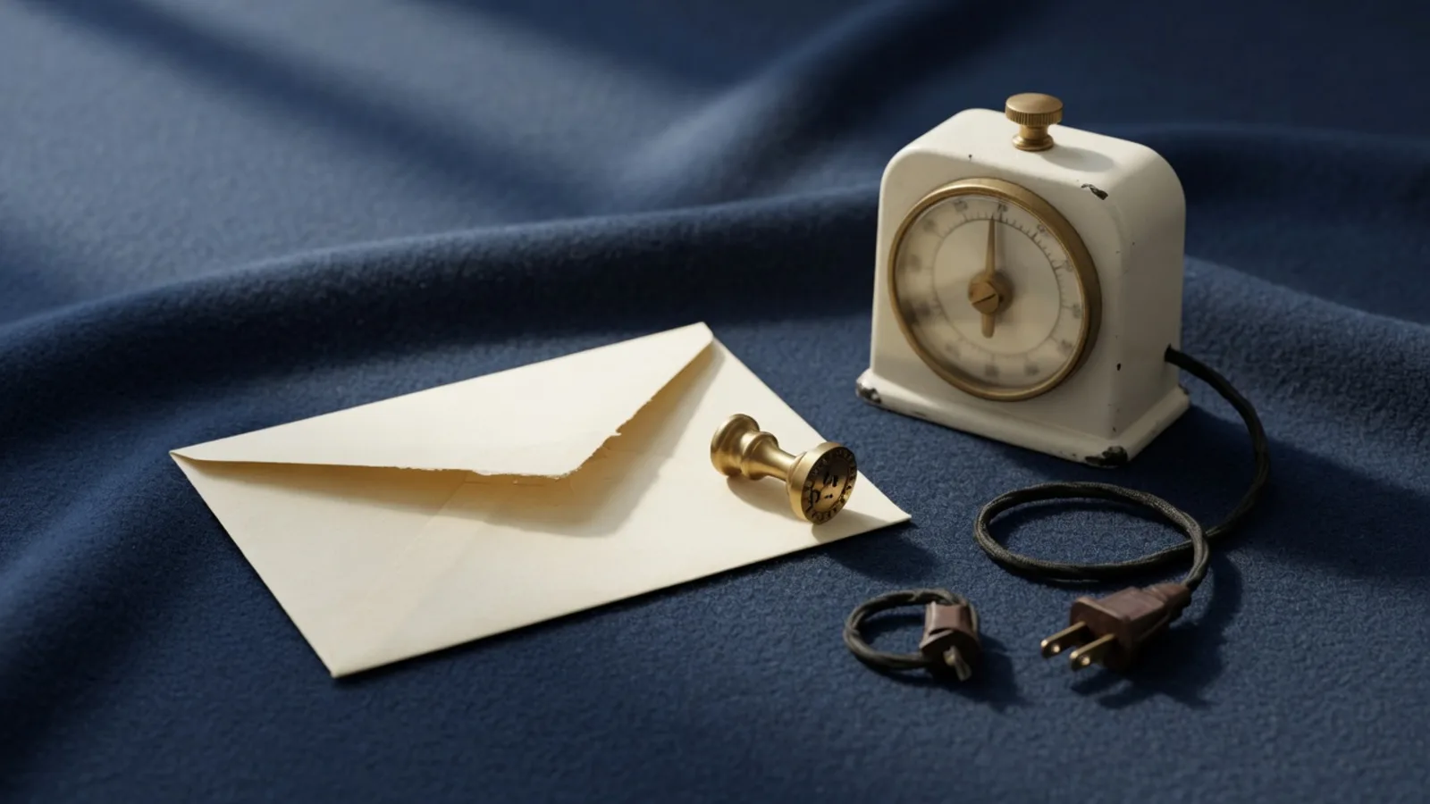 An open cream envelope, a brass date stamp, and an unplugged kitchen timer on navy cloth