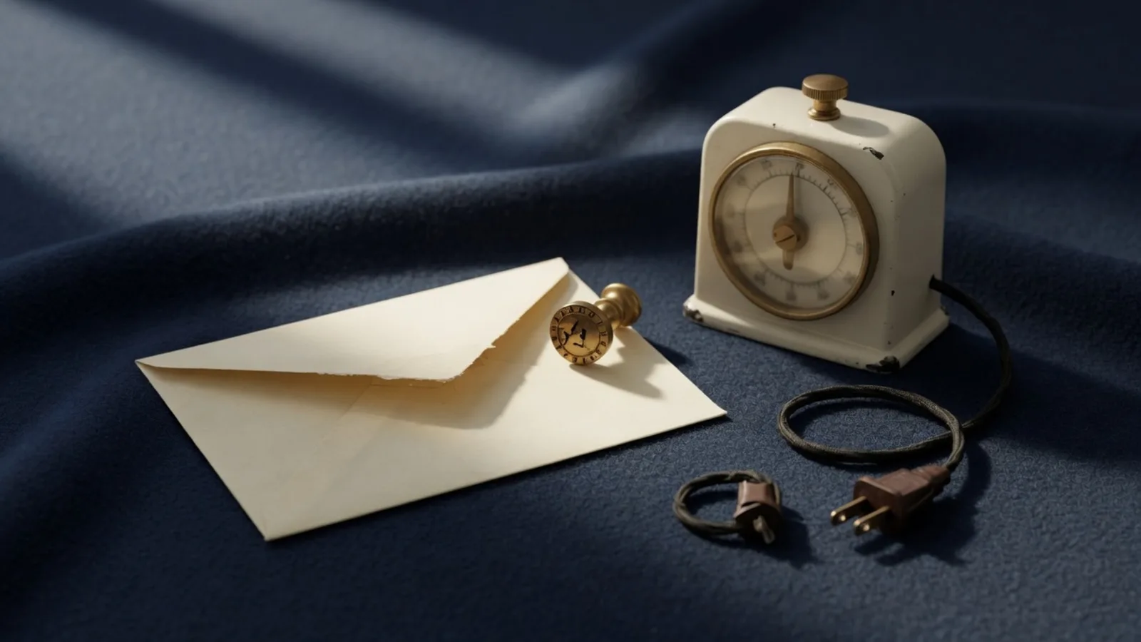 Een open crèmekleurige envelop, een messing datumstempel en een losgekoppelde kookwekker op marineblauwe stof