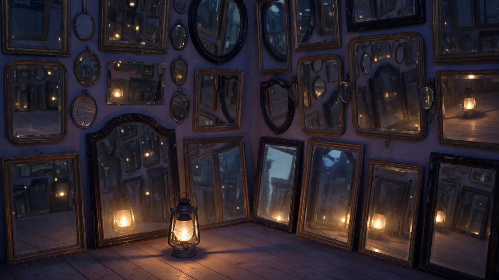 One small oil lantern on the wooden floor of a dark violet room, its single flame repeated in dozens of antique gilt mirrors of different shapes that cover the walls and lean against them, in indigo and amber
