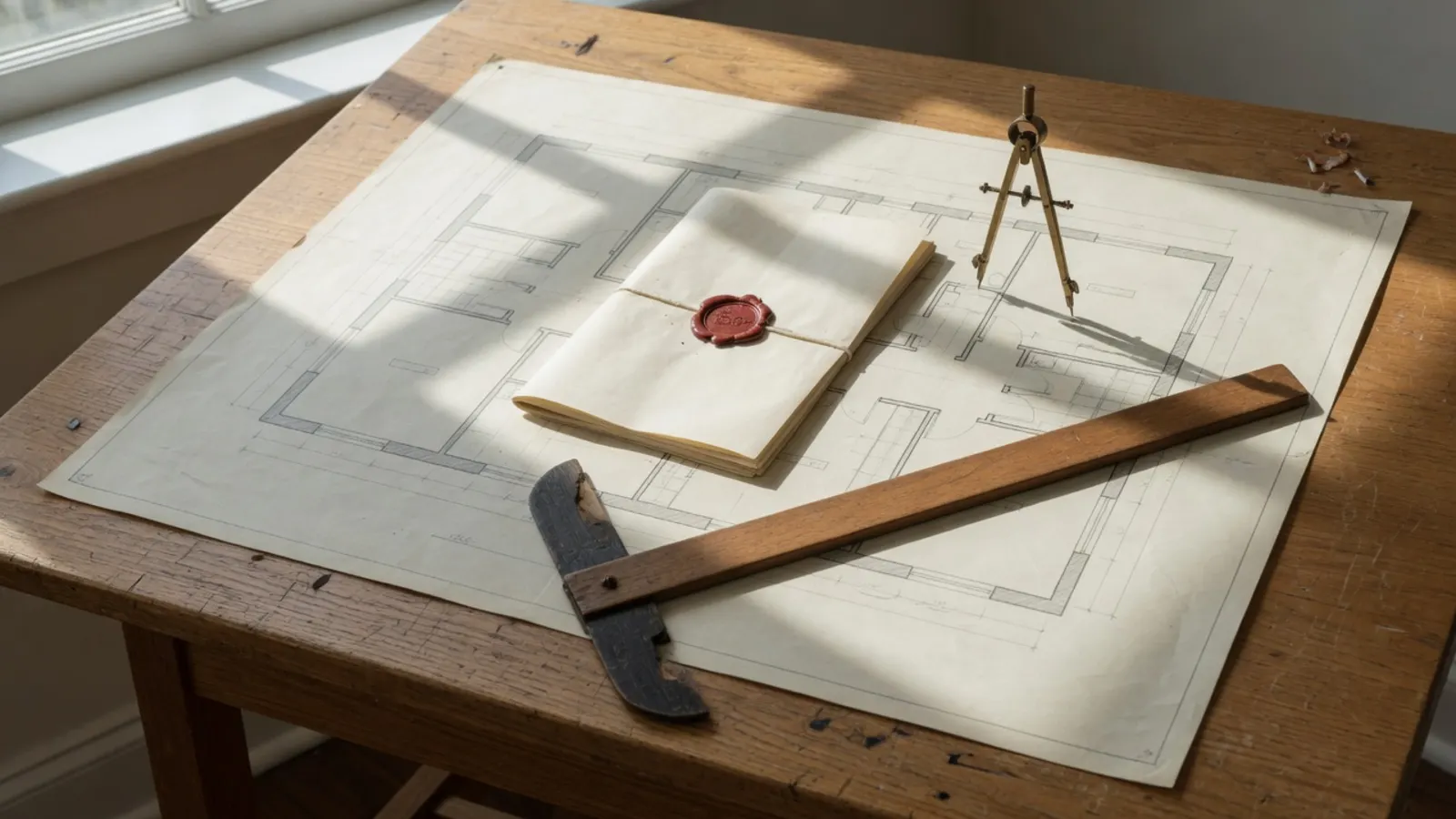 Tekentafel met een plattegrond, een document met lakzegel op de middelste kamer, koperen passer en houten tekenhaak