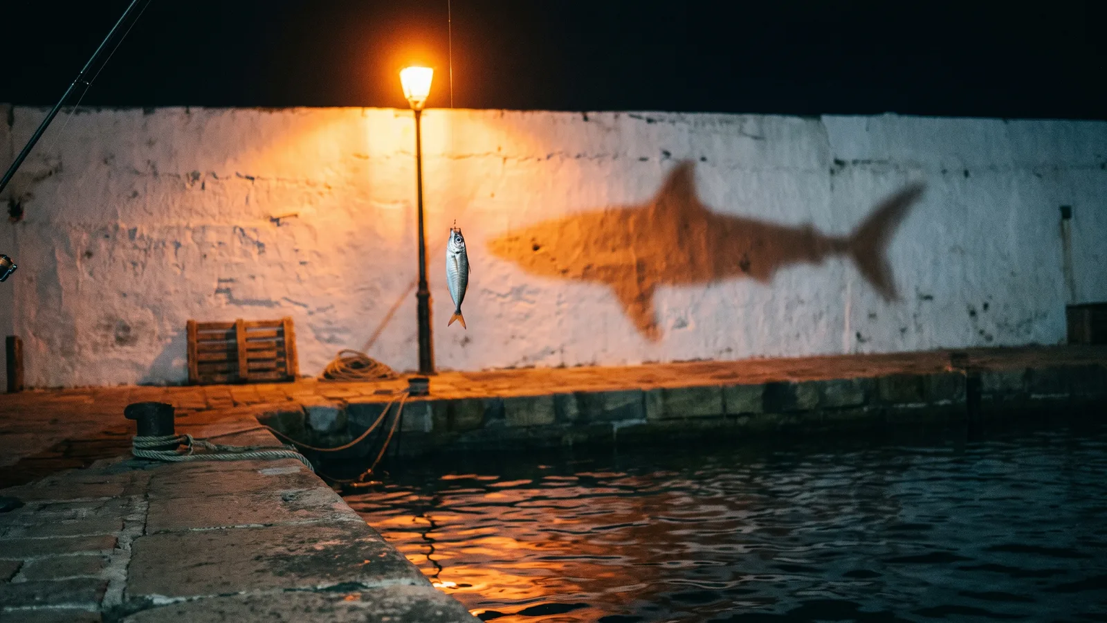 Een klein visje aan een vislijn onder een havenlamp in de nacht, dat een enorme schaduw werpt op een witgekalkte havenmuur boven donker water
