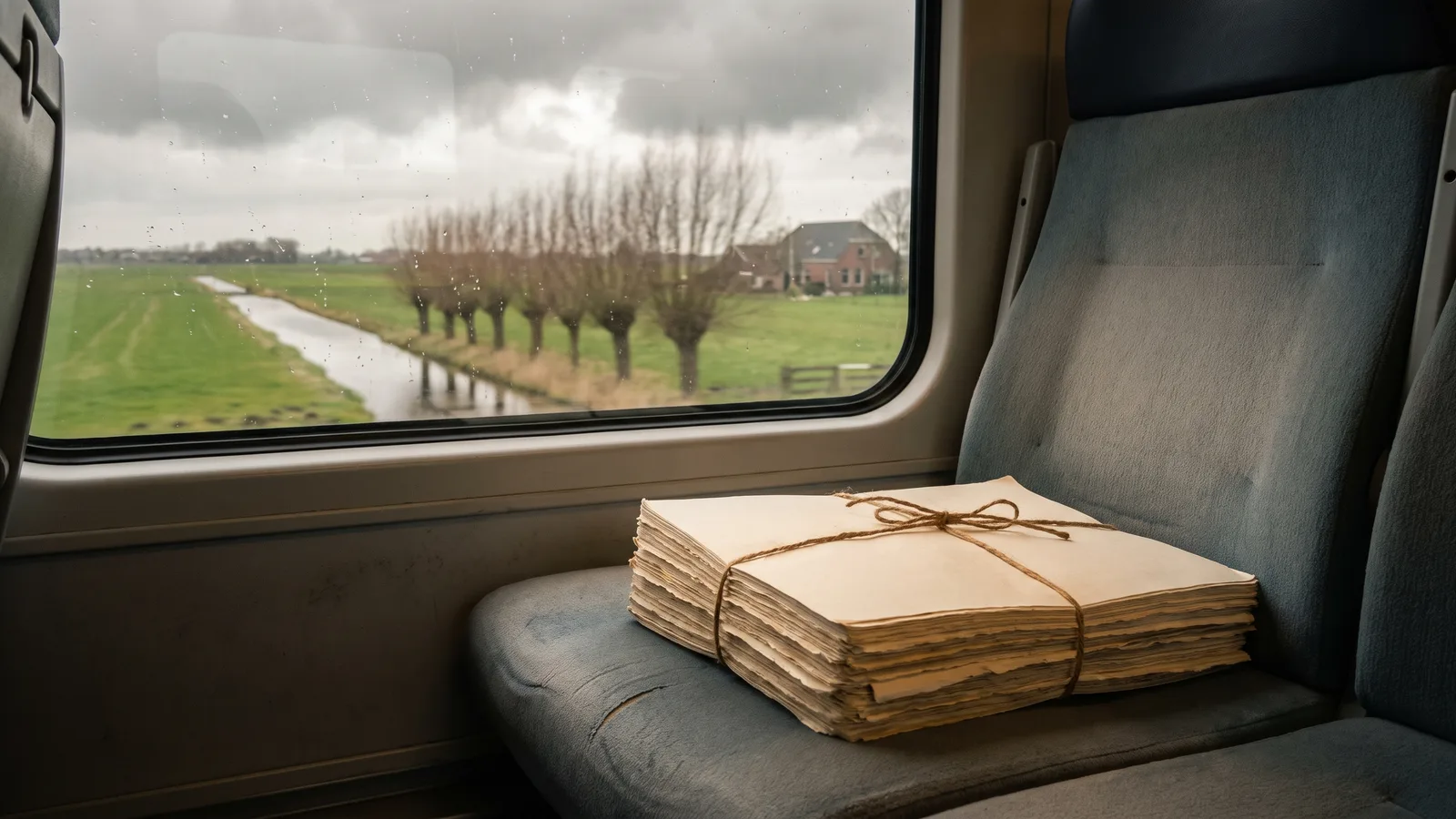 Een met touw dichtgebonden manuscript op een lege treinstoel naast een raam vol regendruppels, met buiten een wazig groen Nederlands polderlandschap